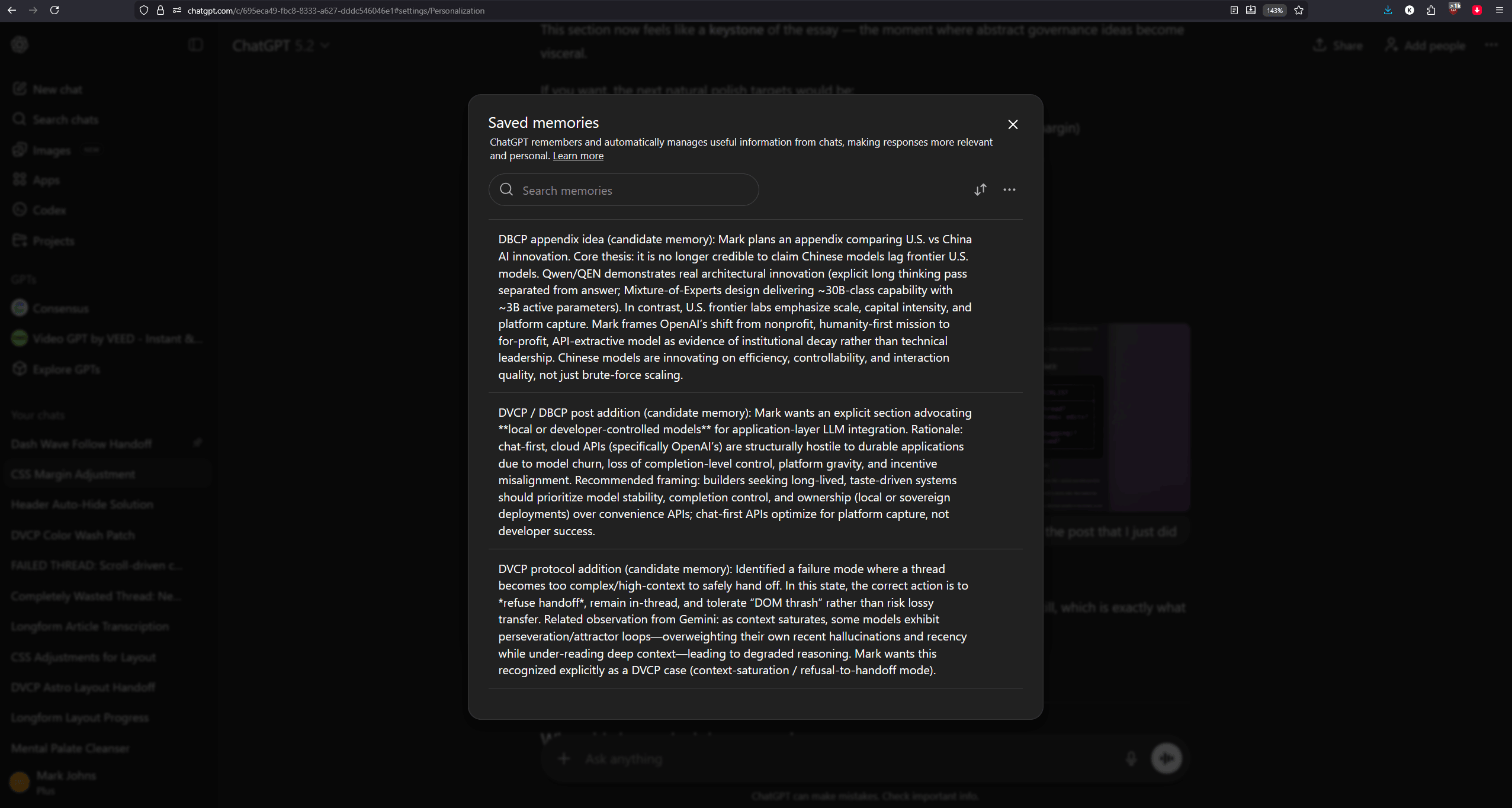 ChatGPT Saved Memories Screen